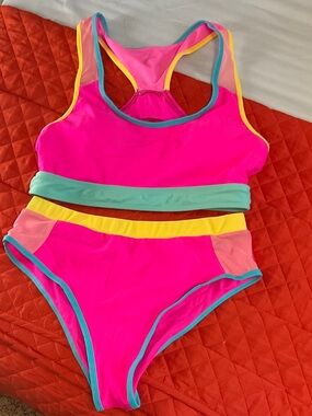 Neon Pink Colorblock Two-Piece Swimsuit